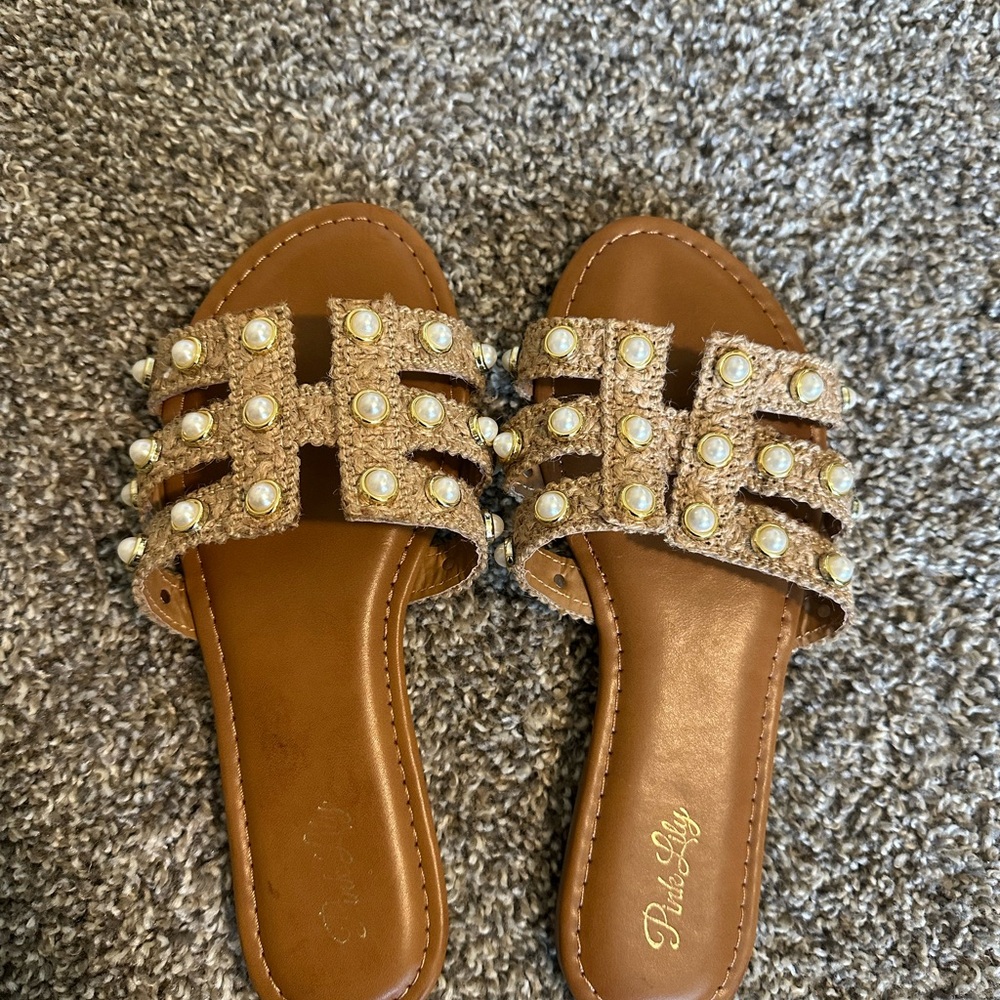 Pink Lily Brown Sandals with Pearl Embellishments